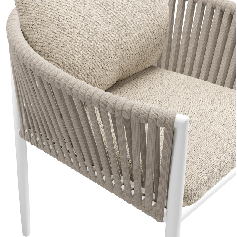 Organo tuinstoel in wit aluminium en beige verticaal geweven luxe vlakke rope met zitkussen in All Weather Cosytica Marbella Beige