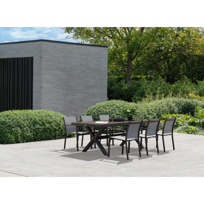 Reza tuinset in zwart aluminium en zwart volkeramiek tafelblad met 6 stapelbare Bareto tuinstoelen