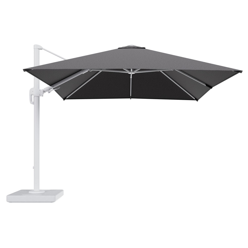 Parasol pendant Rufina avec fonction tilt en aluminium blanc et toile de parasol en All Weather Solica Firenze Tunder - Lg.1 300 x Lg.2 300 cm avec pied de parasol Lapido 160 kg