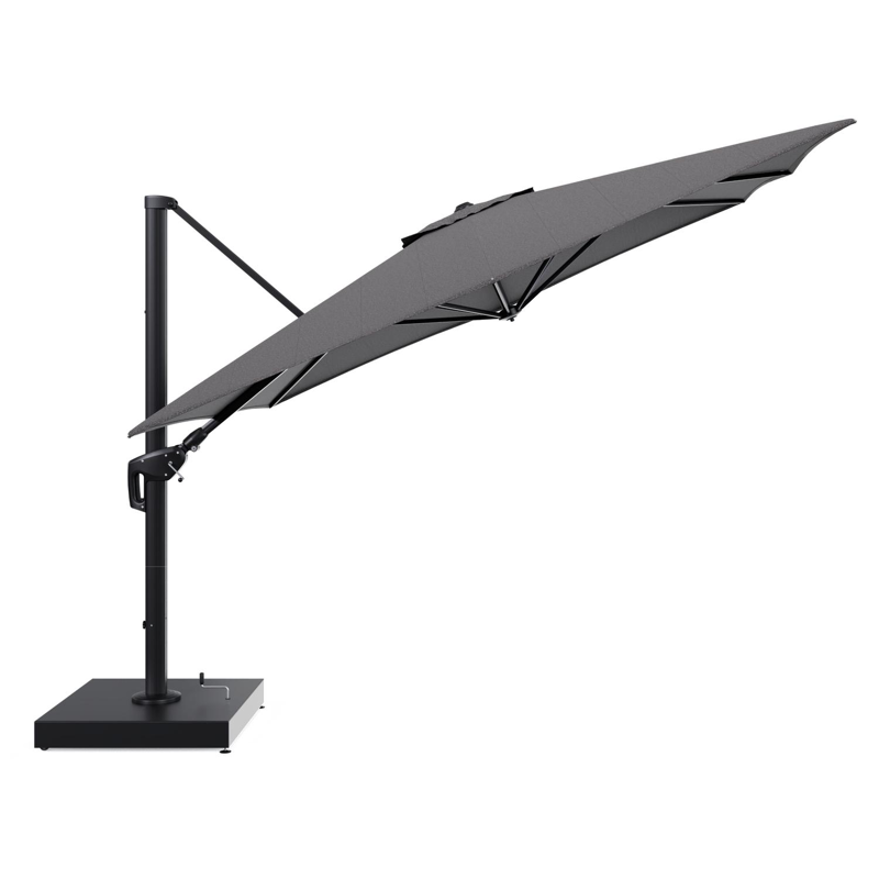 Minore zweefparasol met tiltfunctie in zwart aluminium en Firenze Tunder All Weather Solica parasoldoek - L1 350 x L2: 350 cm met parasolvoet Minore 260 kg met wielen