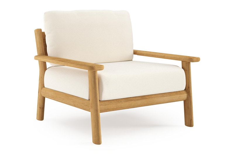 Amaro loungestoel in teak met natte white all weather sunbrella® luxe kussen