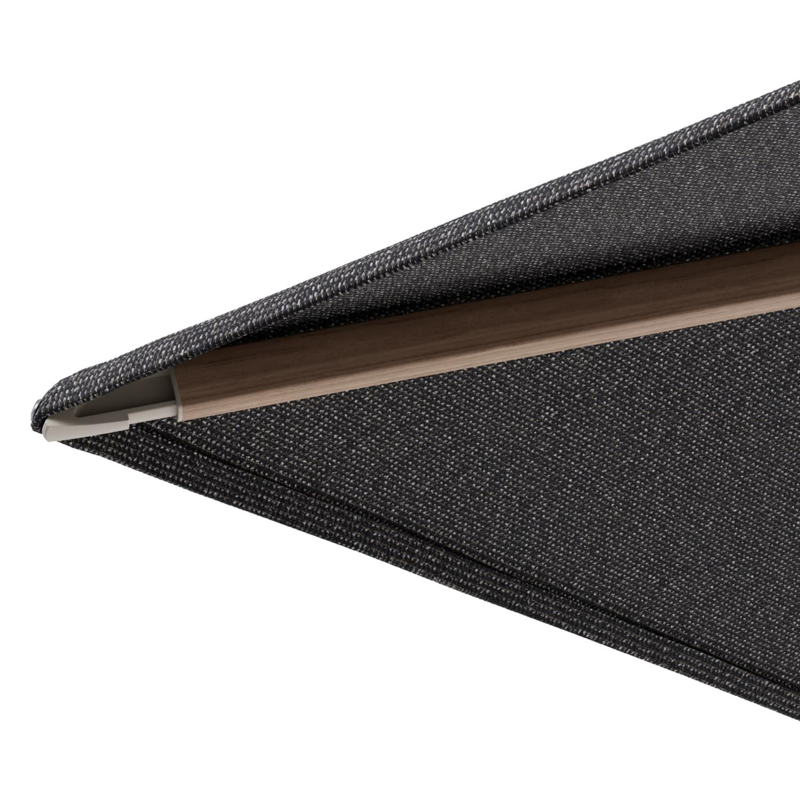 Minore zweefparasol met tiltfunctie in houtlook aluminium en Firenze Tunder All Weather Solica parasoldoek - L1 350 x L2 350 cm met parasolvoet Minore 260 kg met wielen