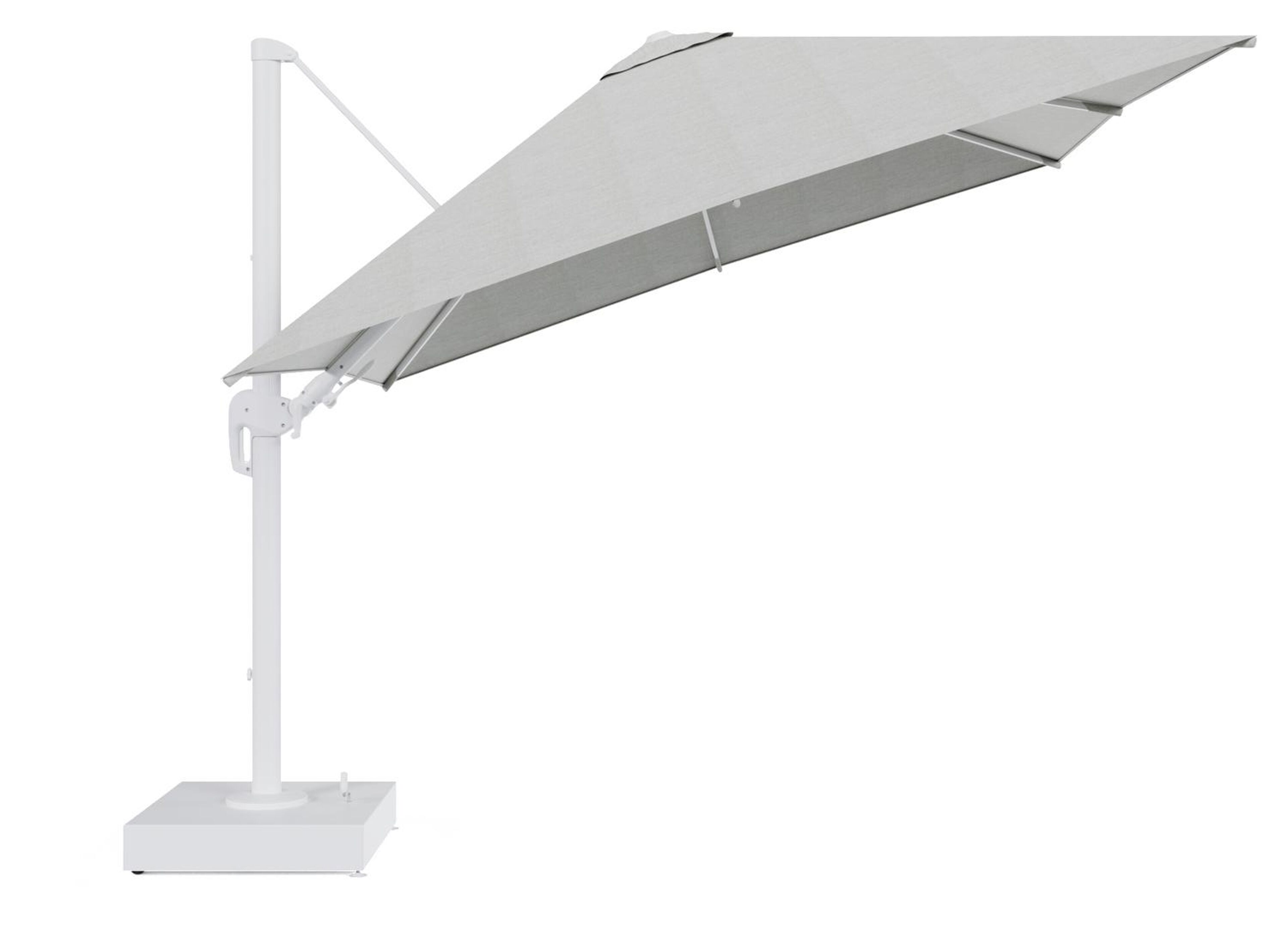 Rufina zweefparasol met tiltfunctie in wit aluminium en grijs All Weather Sunbrella® Premium parasoldoek - L1 300 x L2 300 cm met parasolvoet Minore 150 kg met wielen