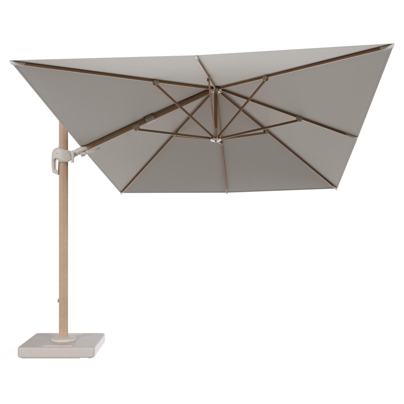 Rufina zweefparasol tiltfunctie in houtlook aluminium en parasoldoek in All Weather Sunbrella® Luxe Lopi Marble - L1 400 x L2 300 cm met parasolvoet Lapido 160 kg