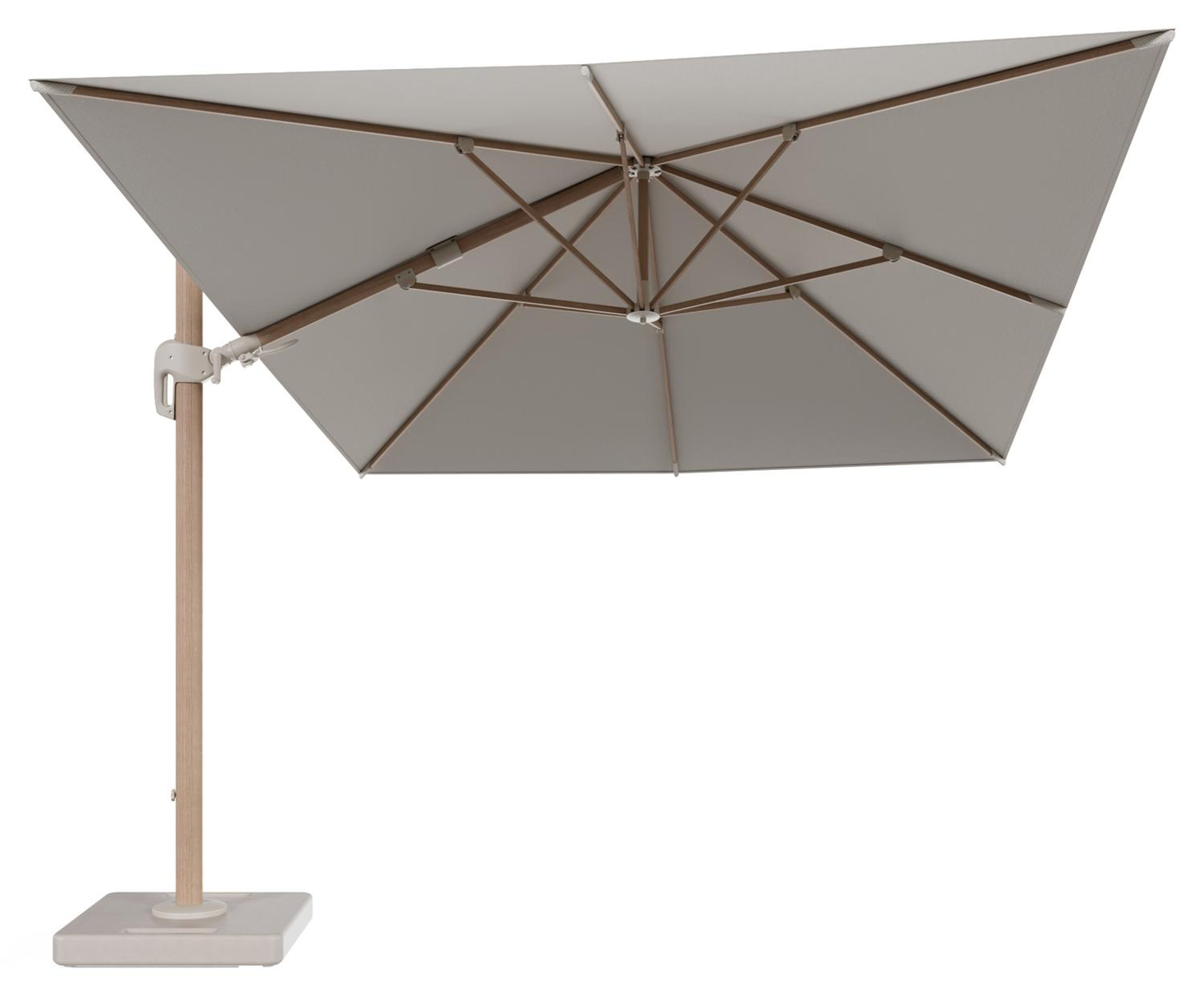 Rufina zweefparasol tiltfunctie in houtlook aluminium en parasoldoek in All Weather Sunbrella® Luxe Lopi Marble - L1 400 x L2 300 cm met parasolvoet Lapido 160 kg