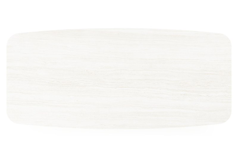 Table de jardin Pagino forme de bateau en aluminium beige et céramique pleine Calista Lg. 255 x Lrg. 115 x Haut. 73 cm