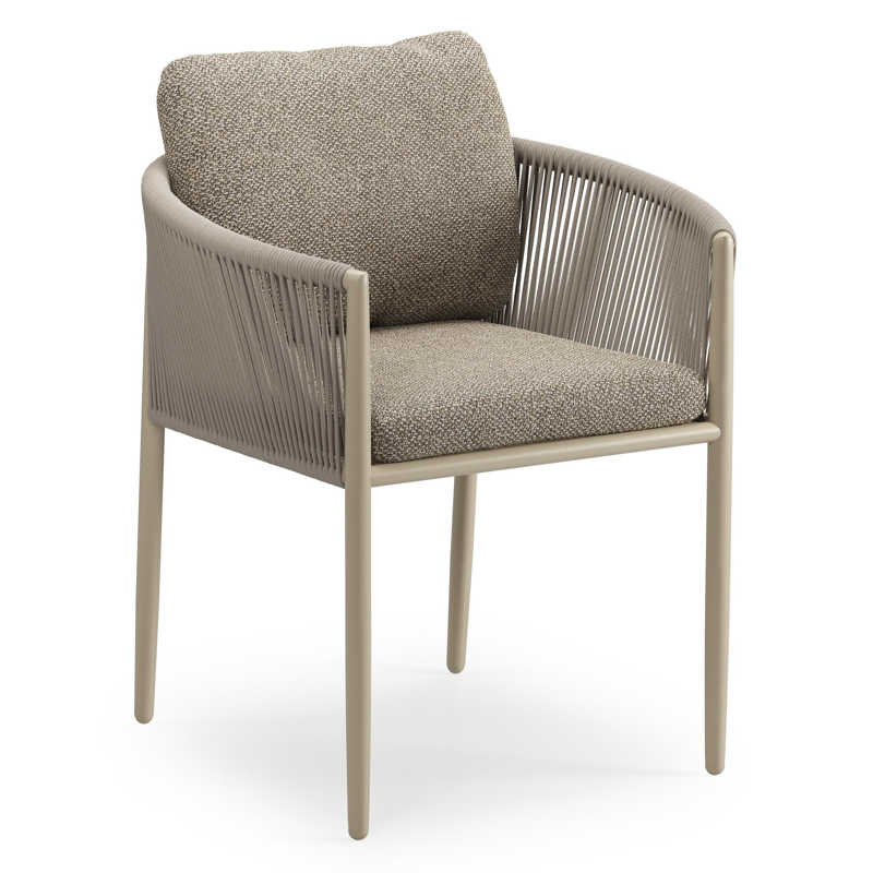 Organo tuinstoel in zwart aluminium en beige verticaal geweven ronde rope met stoelkussen in All Weather Cosytica Madagascar Burch