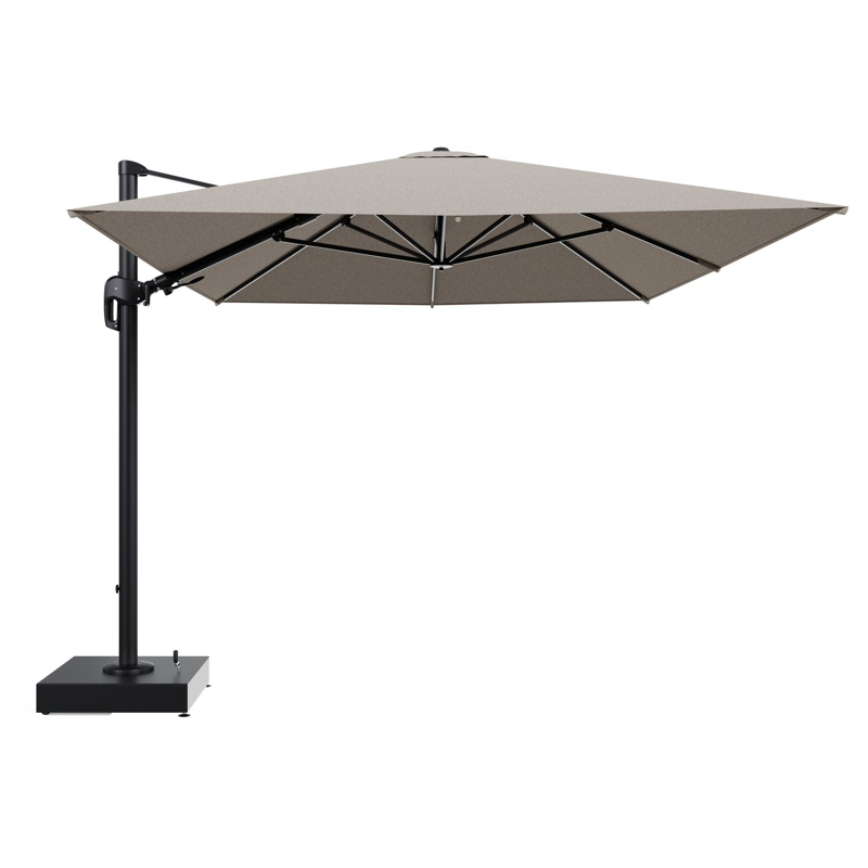 Rufina zweefparasol met tiltfunctie in zwart aluminium en Chartres Pewter All Weather Sunbrella® Luxe parasoldoek - L1 400 x L2 300 cm met parasolvoet Minore 150 kg met wielen