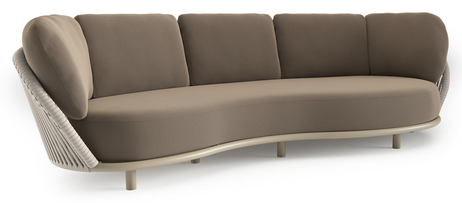 Lupino loungebank in beige aluminium en beige verticaal geweven luxe vlakke brede rope met natte heather grey all weather sunbrella® luxe kussen