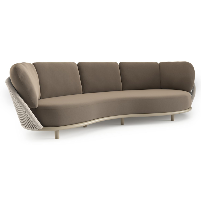 Lupino loungebank in beige aluminium en beige verticaal geweven luxe vlakke brede rope met natte heather grey all weather sunbrella® luxe kussen