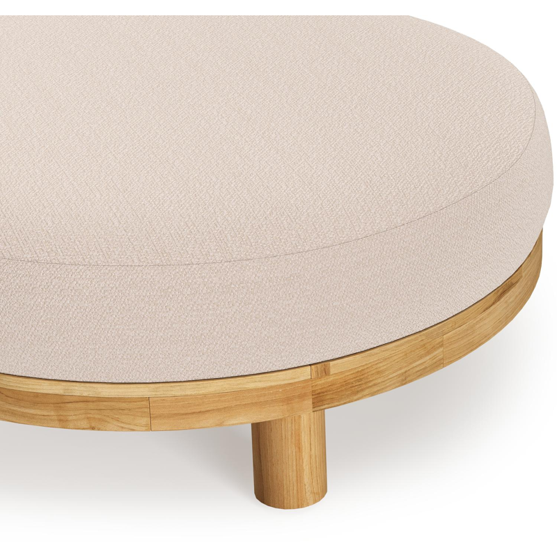 Donato lounge poef in teak en beige verticaal geweven ronde rope met all weather sunbrella® luxe Wander Pilat kussen