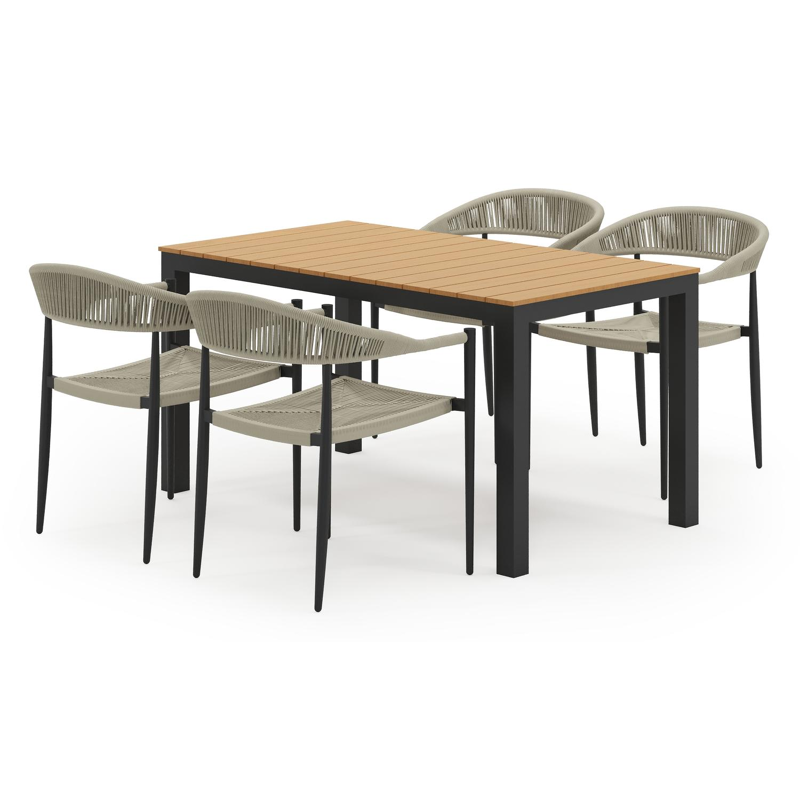 Toma tuinset in zwart aluminium en polywood met 4 stapelbare Guarda tuinstoelen