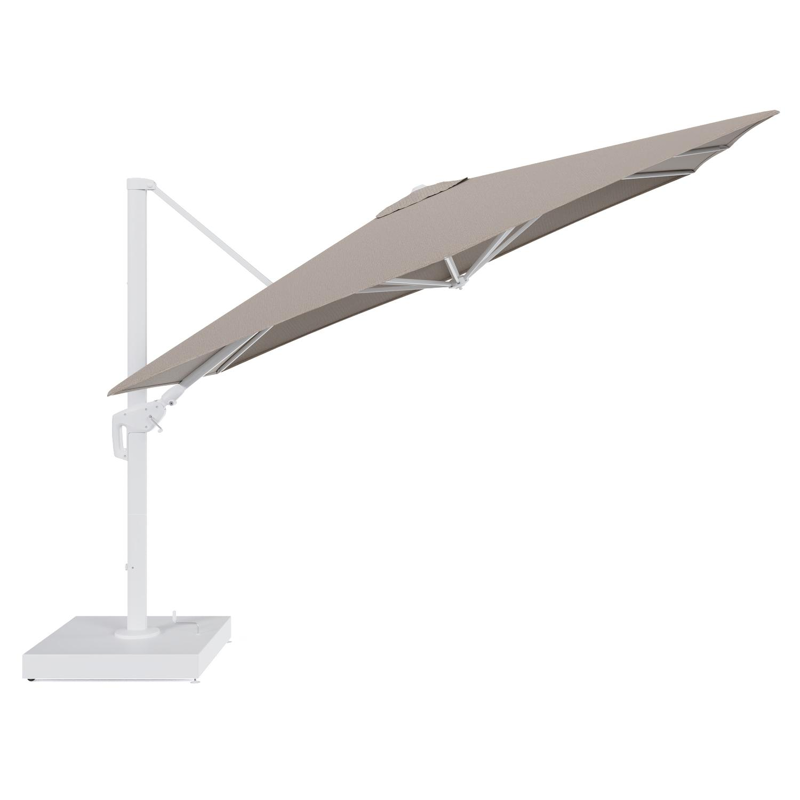 Parasol pendant Minore avec fonction tilt en aluminium blanc et toile de parasol All Weather Solica Firenze Earth - Lg.1: 280 x Lg.2: 370 cm avec pied de parasol Minore 260 kg avec roulettes