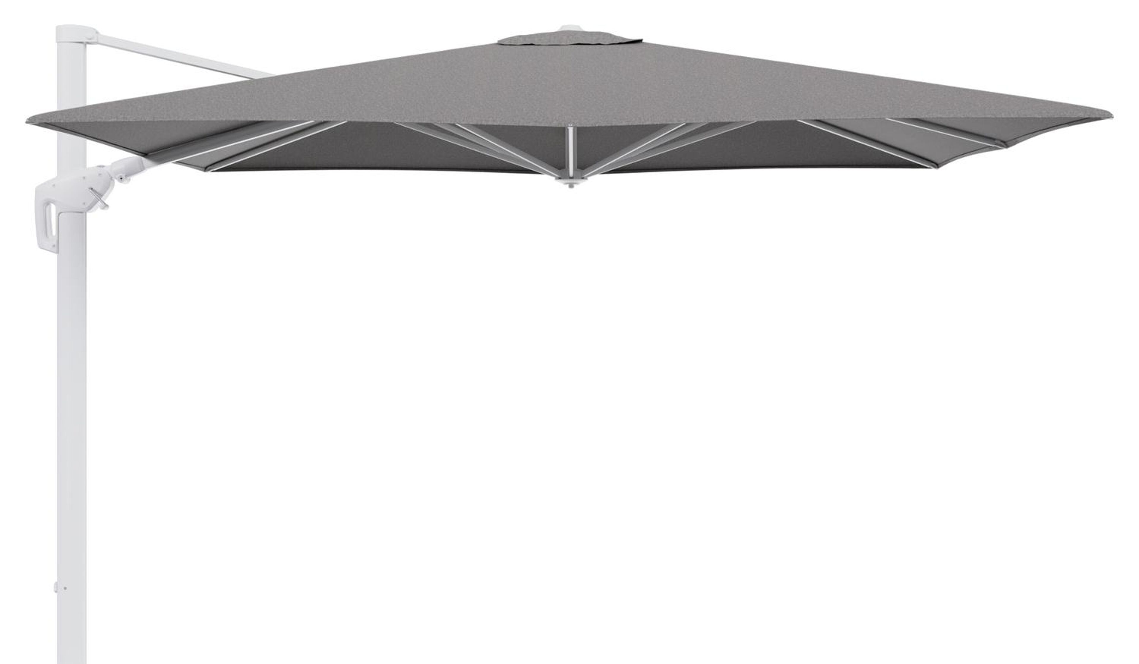 Minore zweefparasol tiltfunctie in wit aluminium en parasoldoek in All Weather Sunbrella® Luxe Chartres Drizzle  - L1 280 x L2: 370 cm (zonder voet)