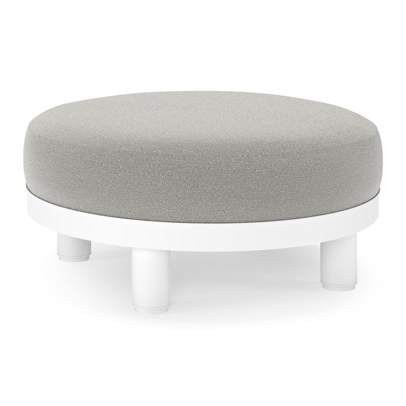 Salon de jardin pouf Donato en aluminium blanc et coussins en all Weather Sunbrella® Luxe Savane Zinc