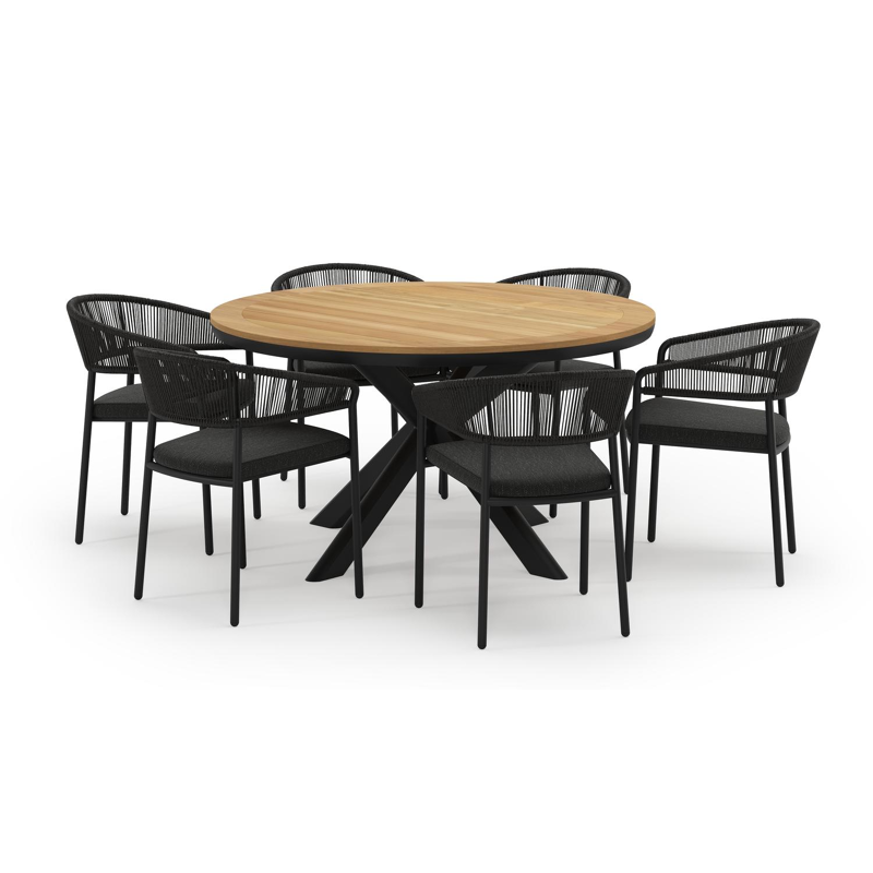 Pamplona ensemble de jardin ronde en aluminium noir en teck naturel avec 6 chaises de jardin Zamora