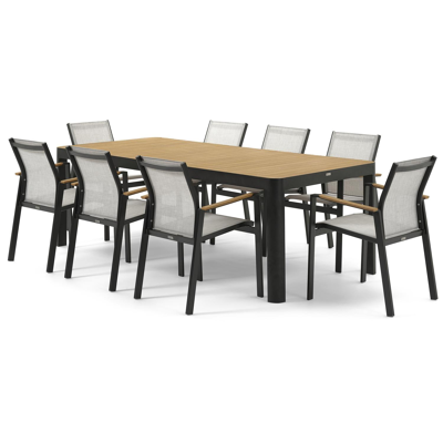 Ellara tuinset in zwart aluminium en naturel polywood tafelblad met 8 stapelbare Bahia tuinstoelen