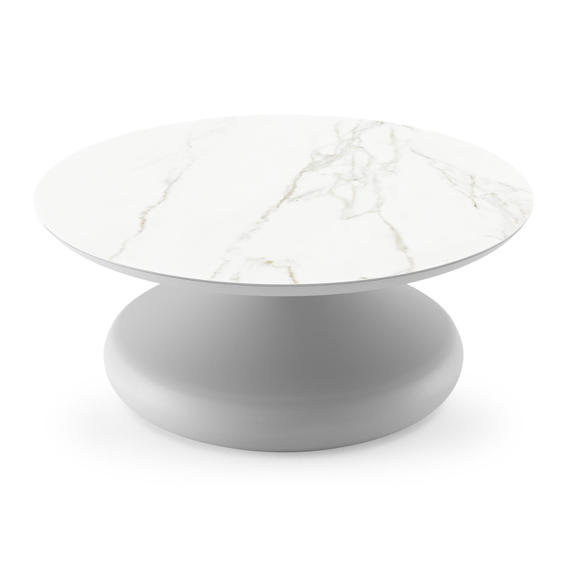 Table de basse Bomero ronde en aluminium blanc et céramique pleine Calacatta - Diam. 84 x Haut. 32.2 cm