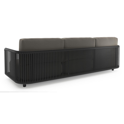 Organo loungeset in zwart aluminium en zwart verticaal geweven luxe vlakke rope met natte dark taupe all weather Sunbrella® luxe kussen