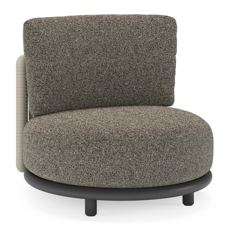 Fauteuil de jardin Lomano en aluminium noir et corde luxe plate tissée verticalement beige et coussins en all weather cosytica Marbella Tunder