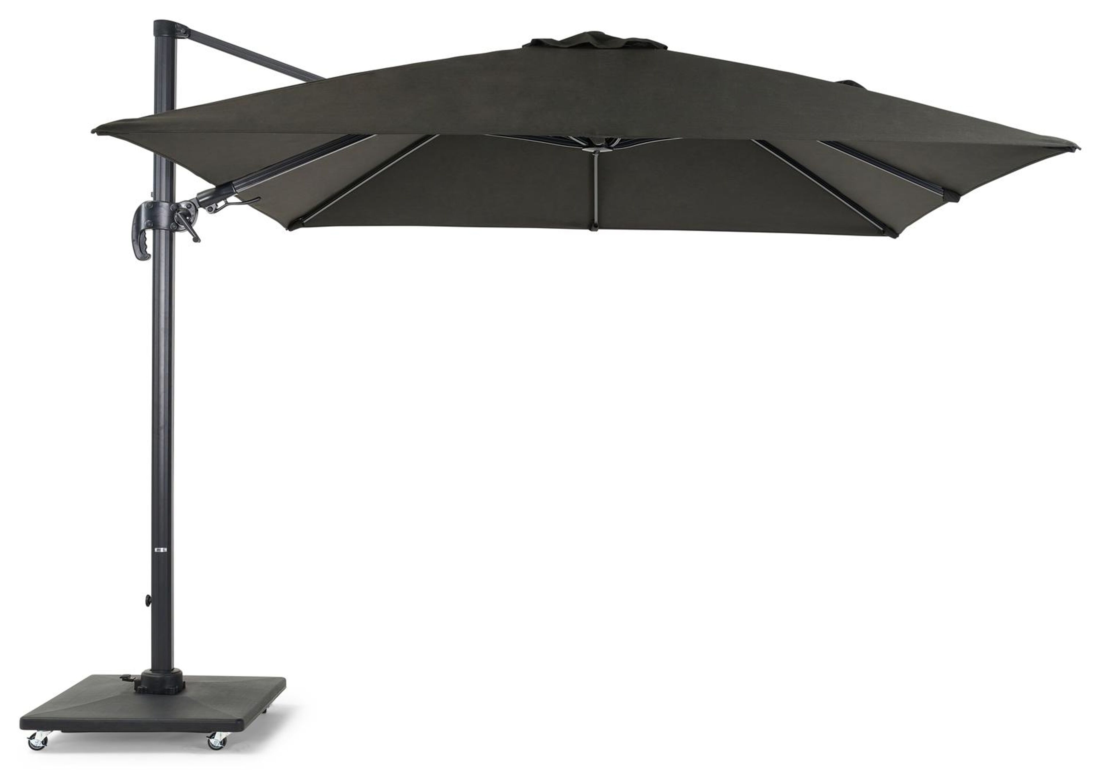 Avola zweefparasol met tiltfunctie in zwart aluminium met zwart weather+ softtouch parasoldoek - L1 300 x L2 300 cm (met voet)