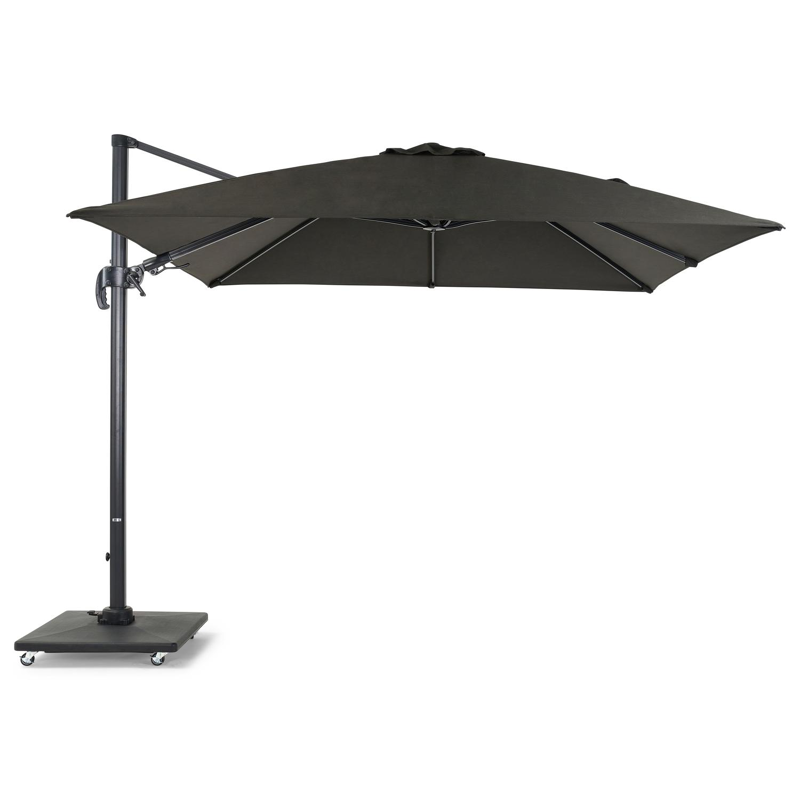 Avola zweefparasol met tiltfunctie in zwart aluminium met zwart weather+ softtouch parasoldoek - L1 300 x L2 300 cm (met voet)