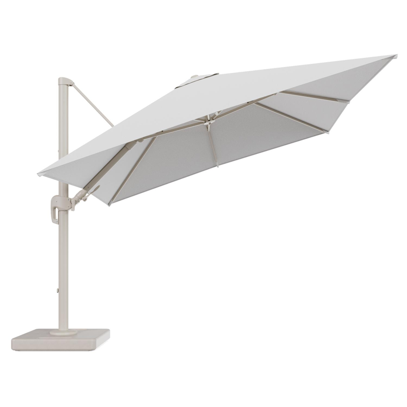 Parasol pendant Rufina avec fonction tilt en aluminium beige et toile de parasol en All Weather Solica Ego Birch - Lg.1 300 x Lg.2 300 cm avec pied de parasol Lapido 160 kg