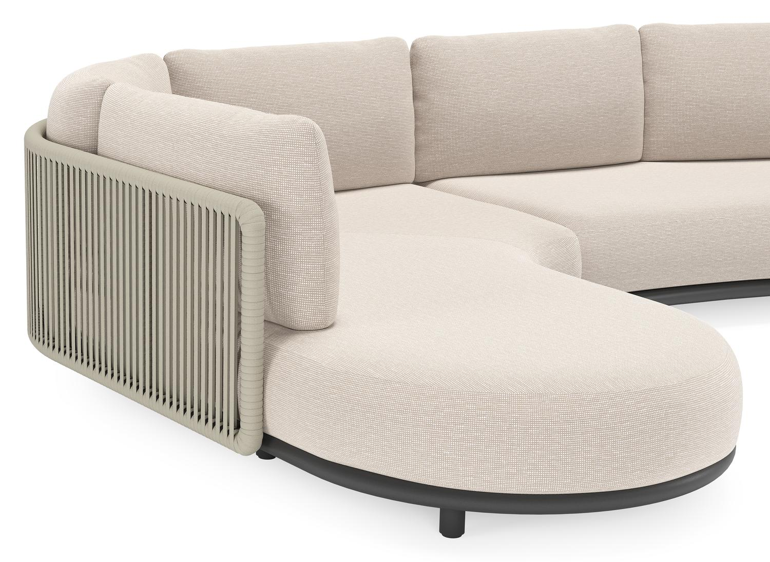 Lomano loungehoek in zwart aluminium en beige verticaal geweven luxe vlakke rope met Slow Farafra all weather sunbrella® luxe