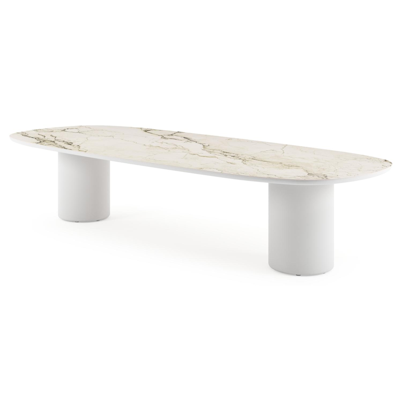 Table de jardin low dining Amico bombo en aluminium blanc et céramique pleine Colorado Dunes - Lg. 320 x Lrg. 130 x Haut. 61 cm