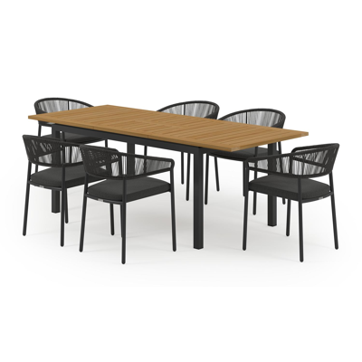 Ensemble de jardin Amalfi avec table extensible en aluminium noir avec plateau de table en teck et 6 chaises de jardin empilables Zamora