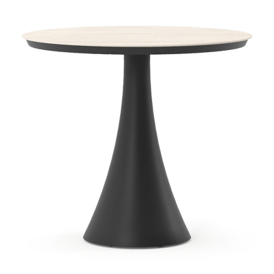 Table de jardin Fano ronde en aluminium noir et céramique pleine Travertino Bianco - Diam. 85 x Haut. 74 cm