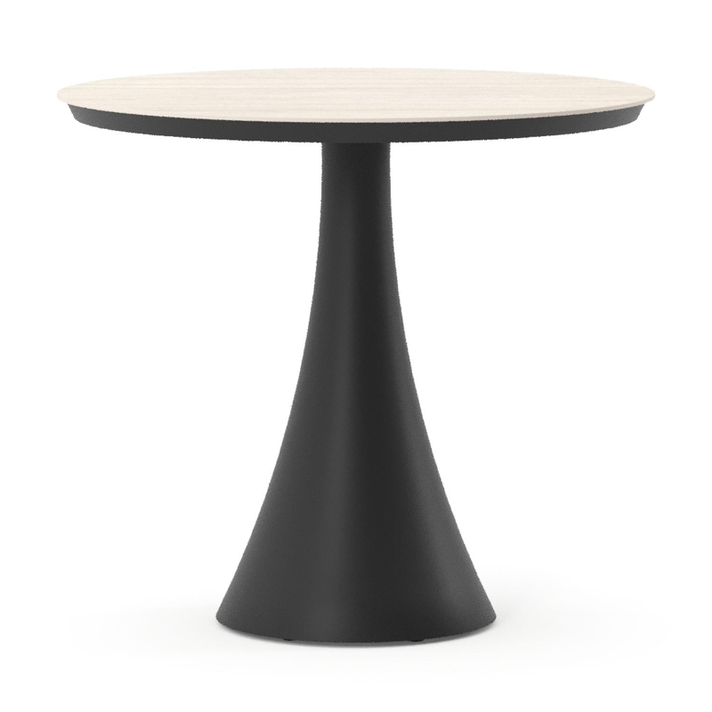Table de jardin Fano ronde en aluminium noir et céramique pleine Travertino Bianco - Diam. 85 x Haut. 74 cm