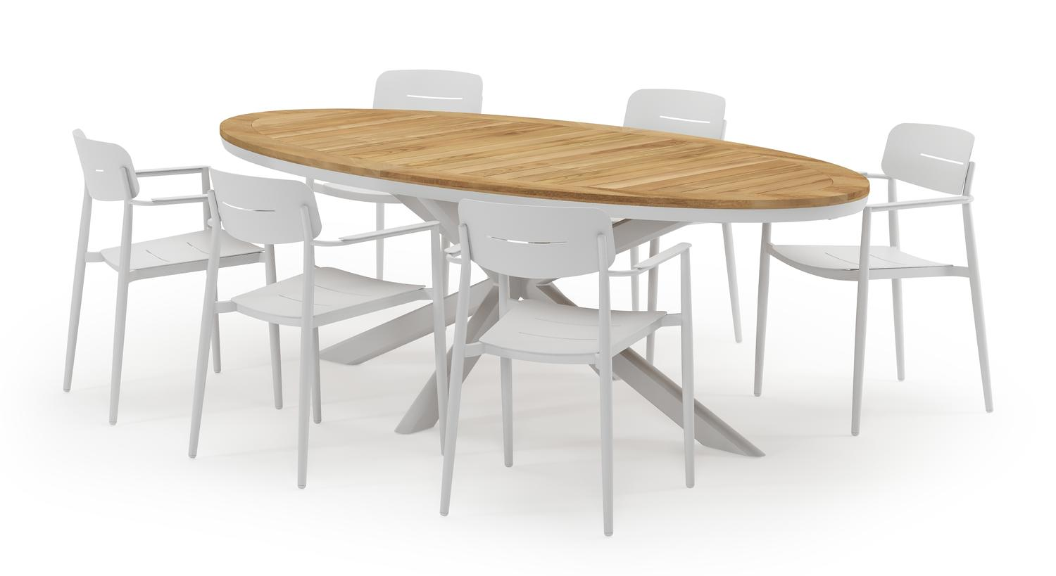 Pamplona ovale tuinset in wit aluminium en teak natural finish met 6 Cosa tuinstoelen