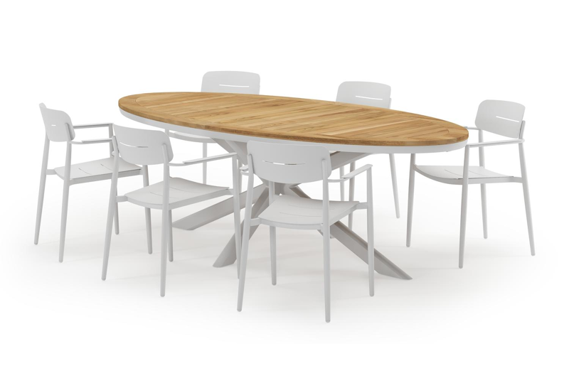 Pamplona ovale tuinset in wit aluminium en teak natural finish met 6 Cosa tuinstoelen