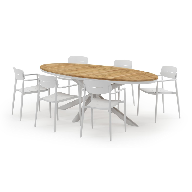 Pamplona ovale tuinset in wit aluminium en teak natural finish met 6 Cosa tuinstoelen