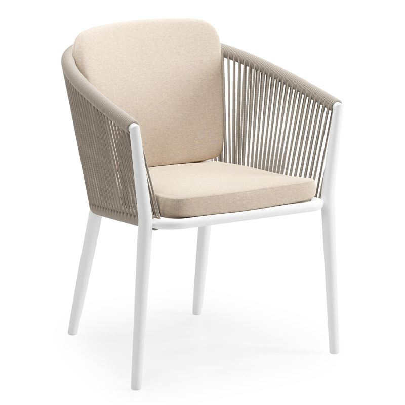 Orso tuinstoel in wit aluminium en beige verticaal geweven ronde rope met zitkussen in All Weather Sunbrella® Luxe Heritage Papyrus