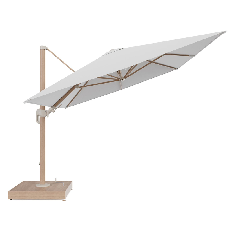 Rufina zweefparasol met tiltfunctie in houtlook aluminium en Ego Birch All Weather Solica parasoldoek - L1 400 x L2 300 cm met parasolvoet Minore 260 kg met wielen