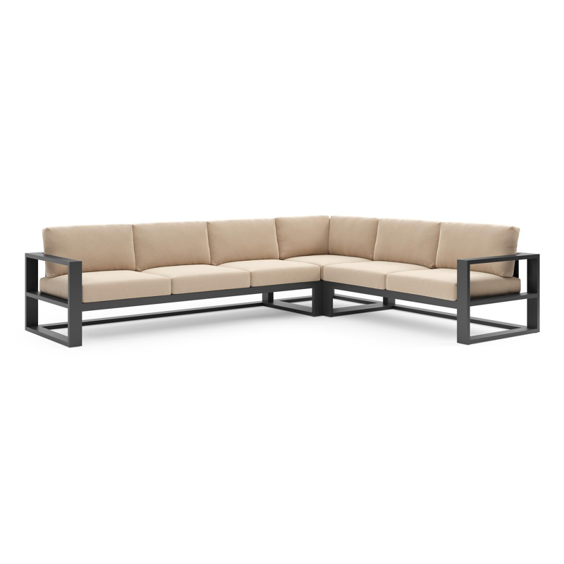 Verato loungehoek in zwart aluminium met natte heather beige all weather sunbrella® luxe kussen