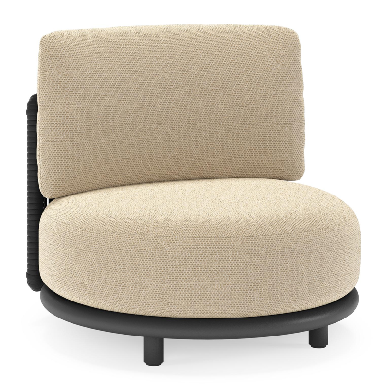 Lomano loungestoel in zwart aluminium en beige verticaal geweven luxe vlakke rope met althea camel all weather cosytica kussen