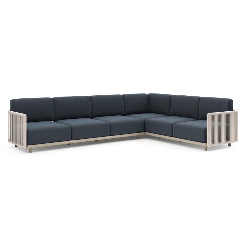 Organo loungehoek in beige aluminium en beige verticaal geweven luxe vlakke rope met heritage indigo all weather Sunbrella® luxe kussen