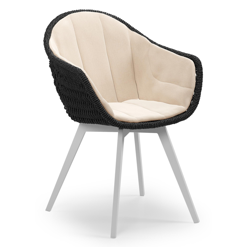 Pagino tuinstoel in wit aluminium en zwart ronde wicker met zitkussen in All Weather Sunbrella® Luxe Natte Linen Chalk