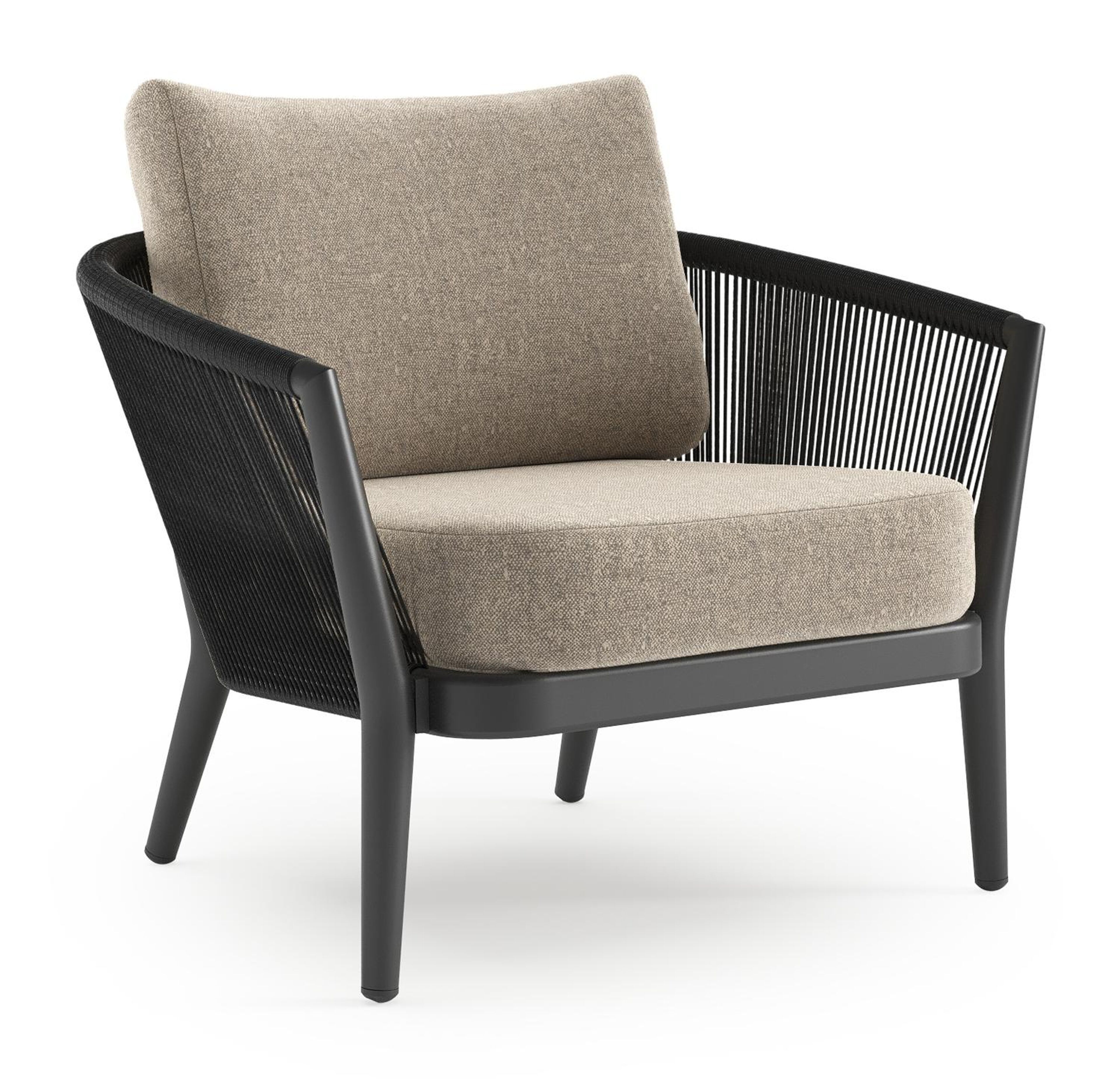 Orso loungestoel in zwart aluminium en zwart verticaal geweven ronde rope met Chartres Pewter all weather sunbrella® luxe kussen