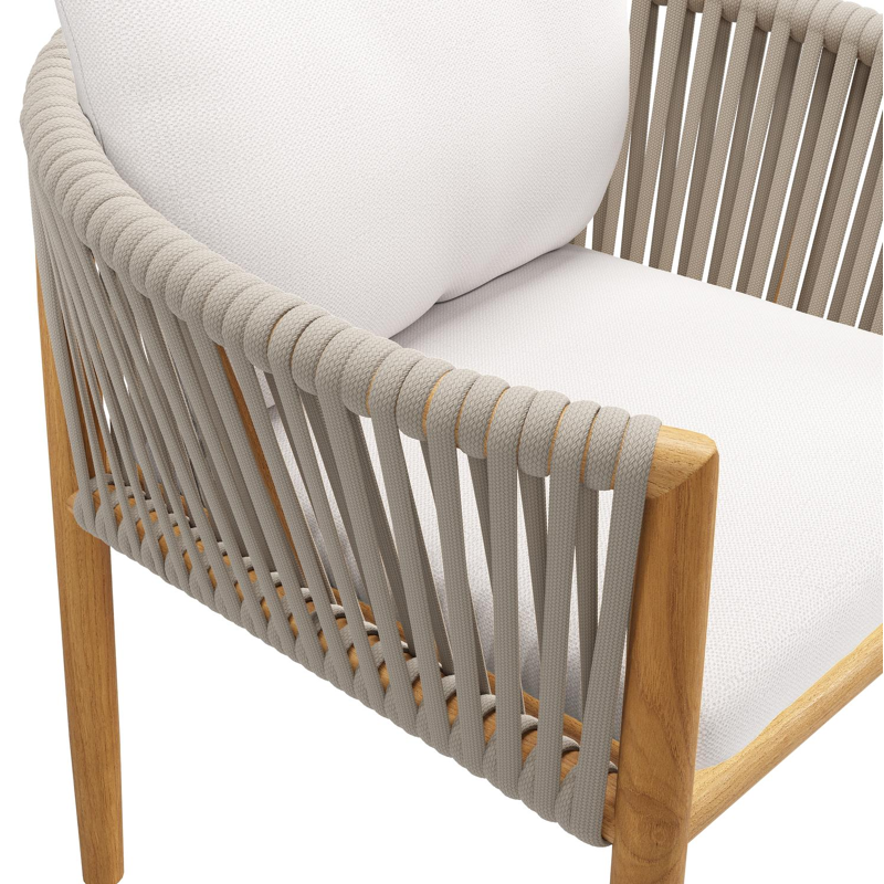 Organo tuinstoel in teak en beige verticaal geweven luxe vlakke rope met zitkussen in All Weather Sunbrella® Luxe Savane Whisper