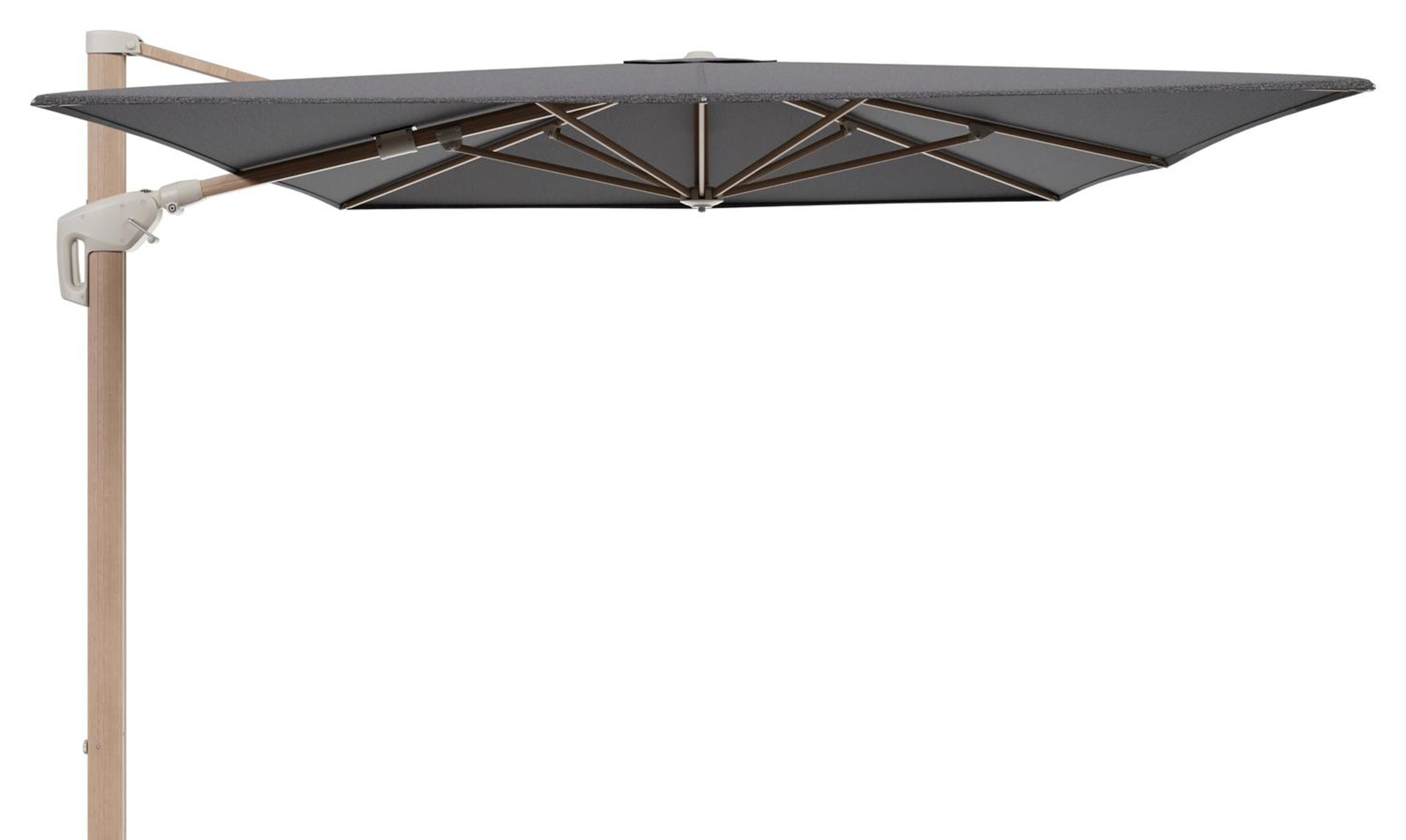 Minore zweefparasol met tiltfunctie in houtlook aluminium en Firenze Tunder All Weather Solica parasoldoek - L1 400 x L2 300 cm (zonder voet)