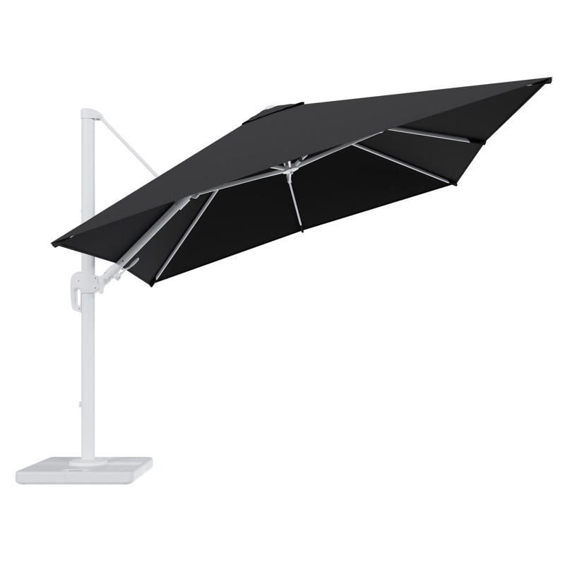 Rufina zweefparasol tiltfunctie in wit aluminium en parasoldoek in All Weather Sunbrella® Luxe Natte Sooty - L1 300 x L2 300 cm met parasolvoet Lapido 120 kg