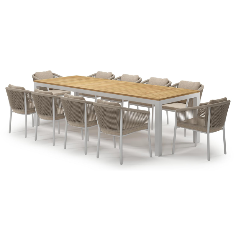 Varese tuinset in wit aluminium en teak met 10 Gerona tuinstoelen