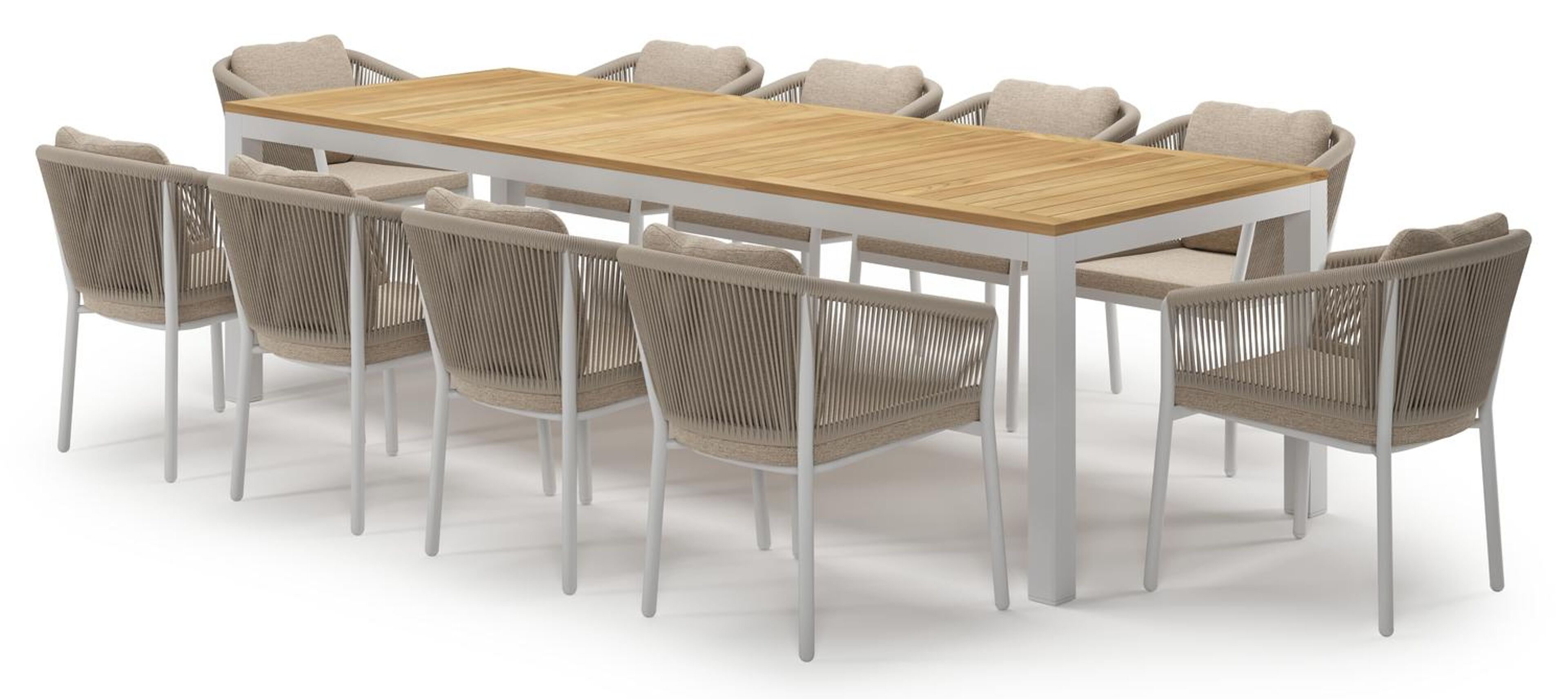 Varese tuinset in wit aluminium en teak met 10 Gerona tuinstoelen