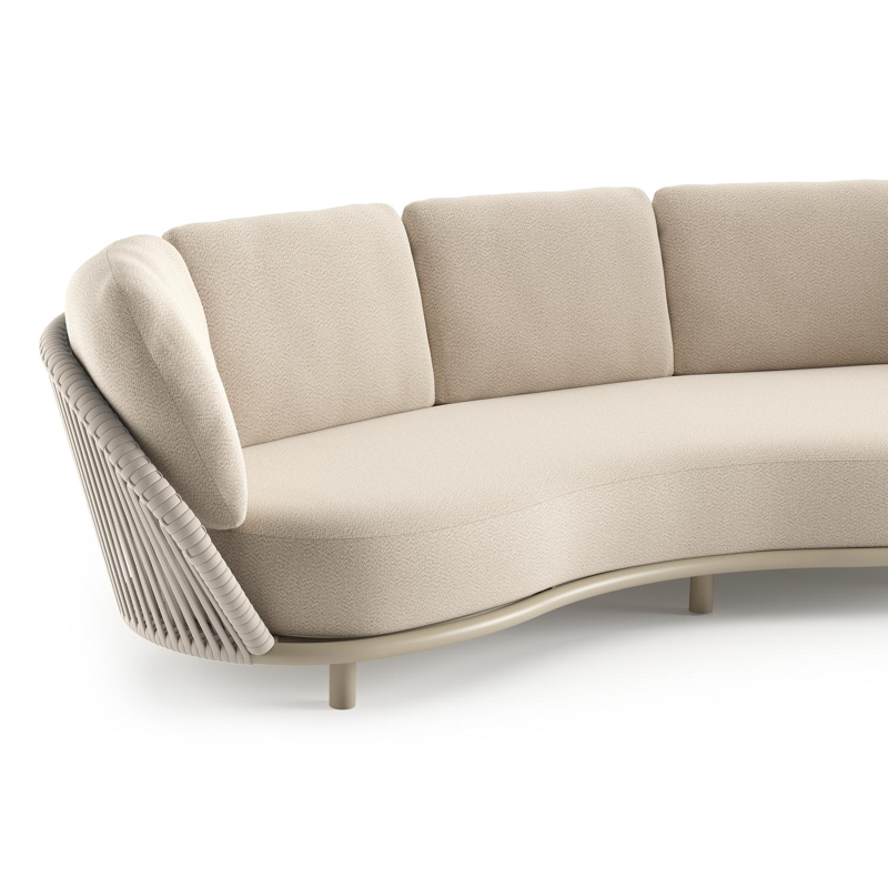 Lupino loungeset in beige aluminium en beige verticaal geweven luxe vlakke brede rope met lopi sand all weather sunbrella® luxe kussen