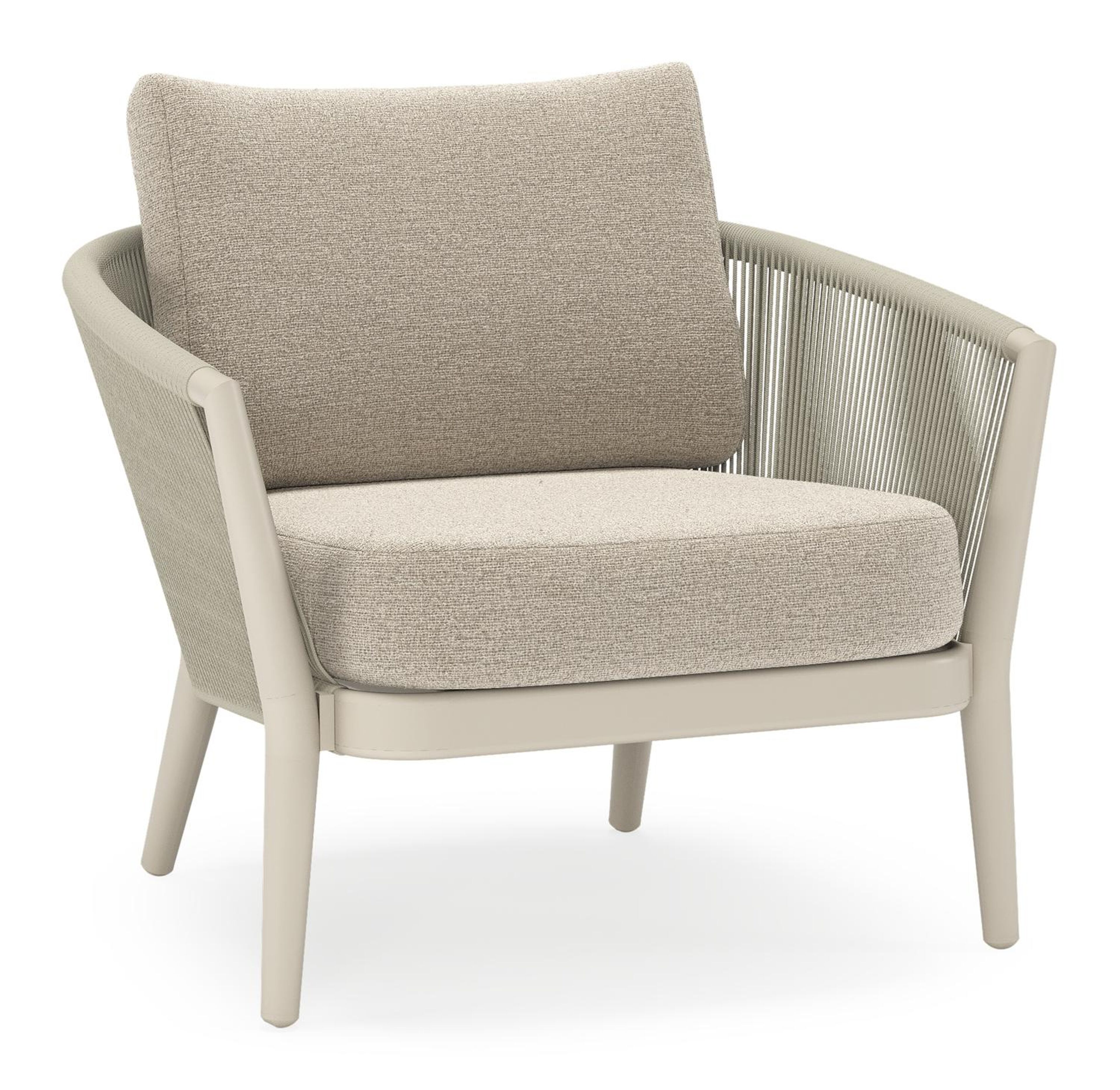 Orso loungestoel in beige aluminium en beige verticaal geweven ronde rope met Catania Greige all weather cosytica kussen