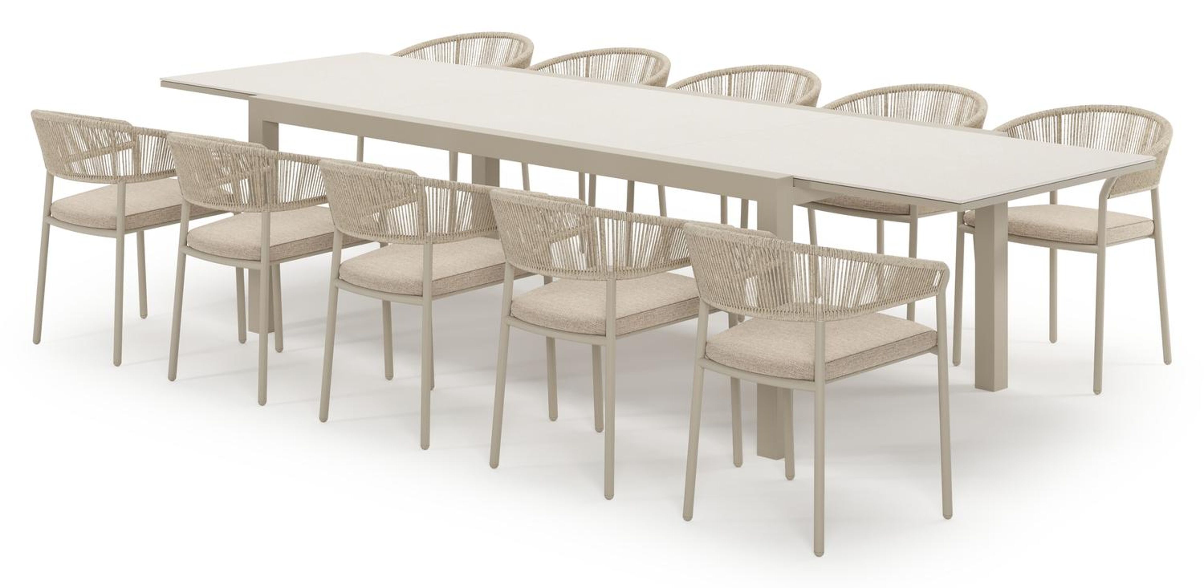 Ensemble de jardin Calobra extensible rectangulaire en aluminium beige et sintered stone Crema minerale avec 10 chaises de jardin Zamora